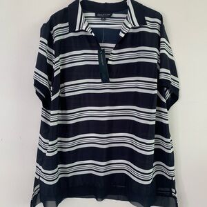 Jones New York Signature 2X Navy/White Striped Short Sleeve Blouse Light NWT
